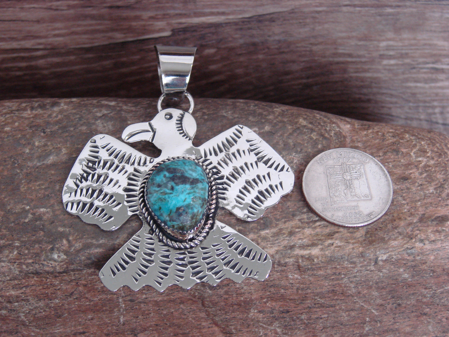 Native American Nickel Silver & Turquoise Thunderbird Pendant - Cleveland