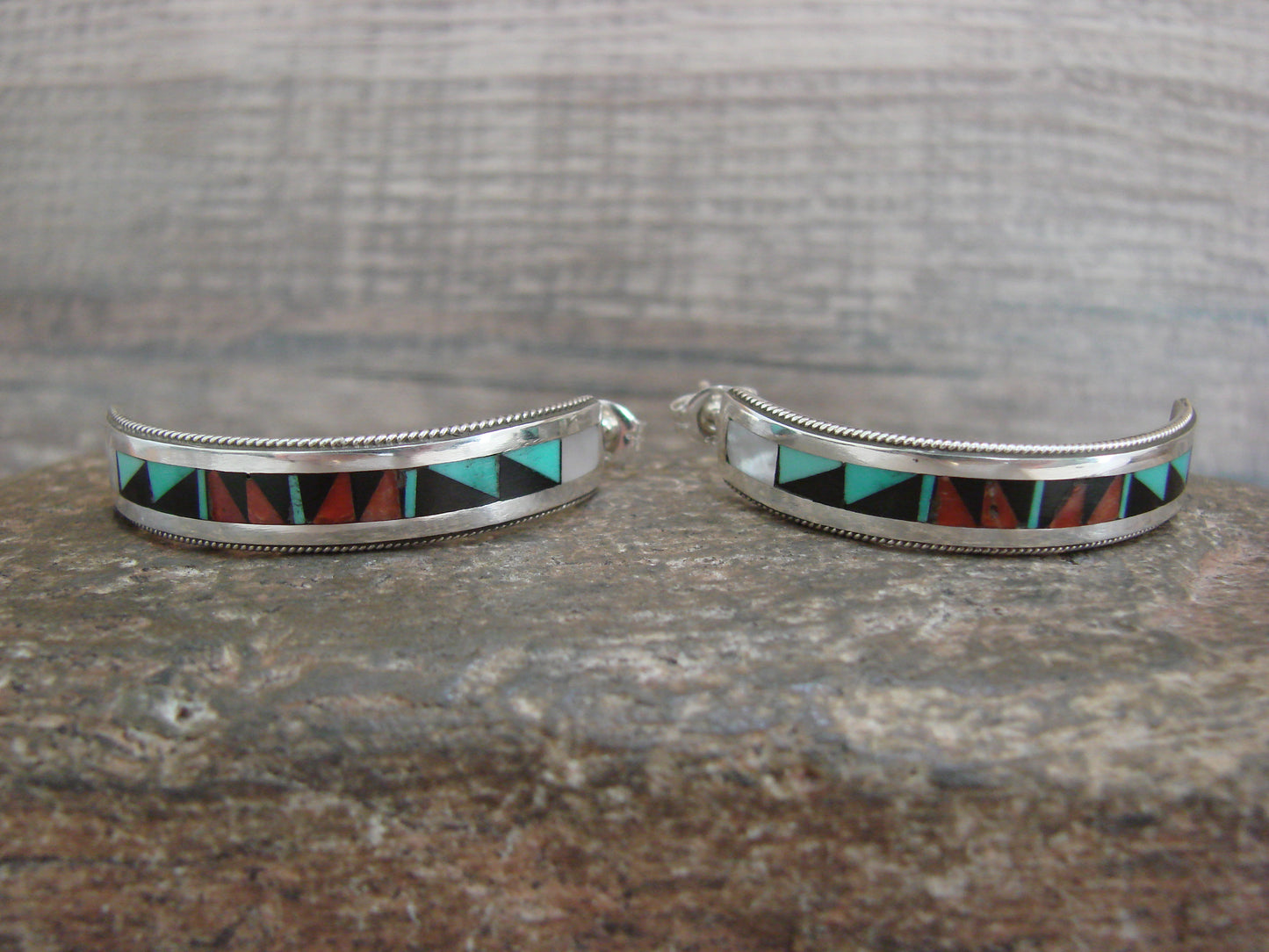 Native American Sterling Silver Multi Stone Inlay Half Hoop Post Earrings by Weahkee