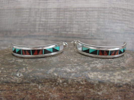 Native American Sterling Silver Multi Stone Inlay Half Hoop Post Earrings by Weahkee