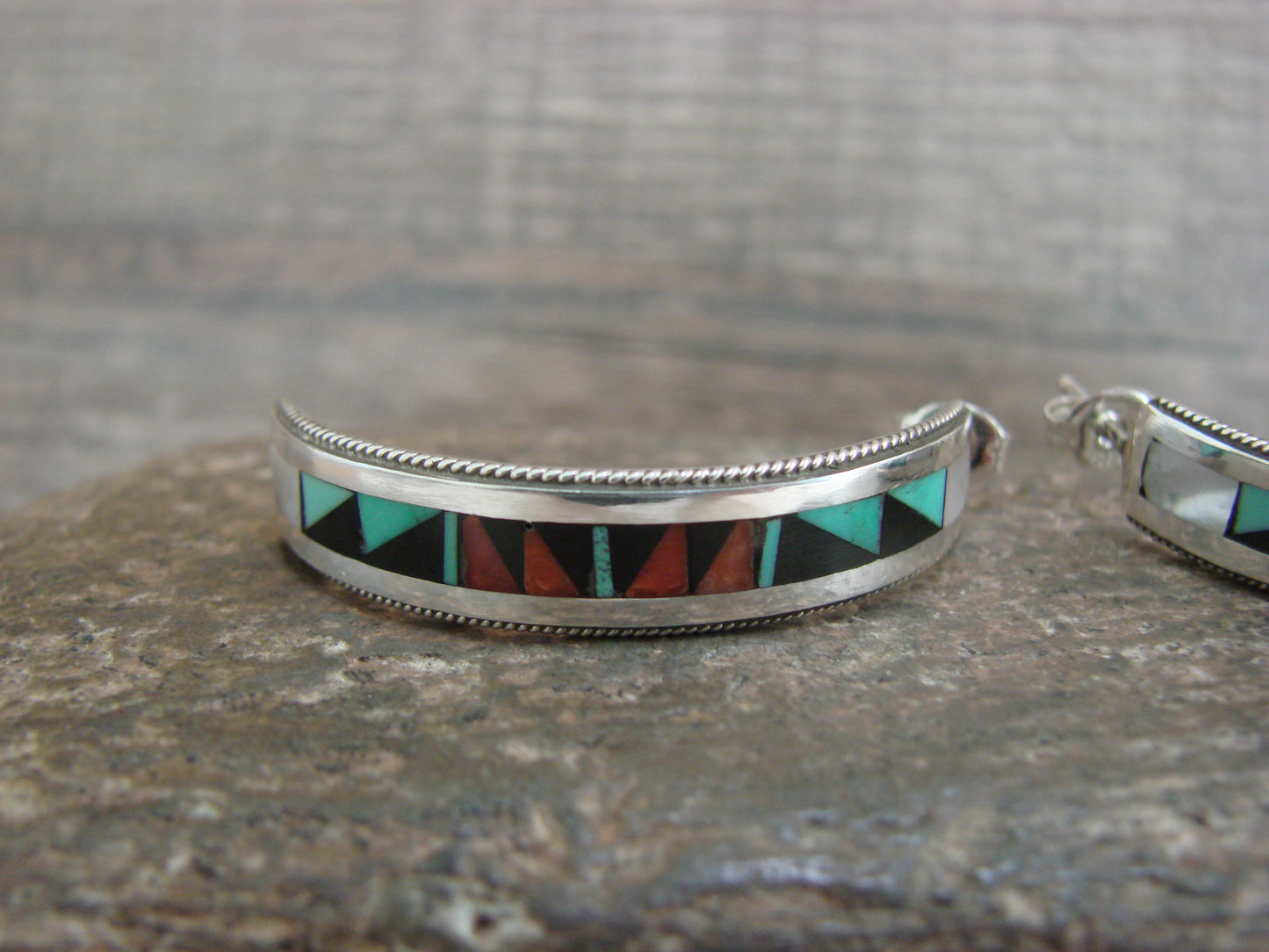 Native American Sterling Silver Multi Stone Inlay Half Hoop Post Earrings by Weahkee