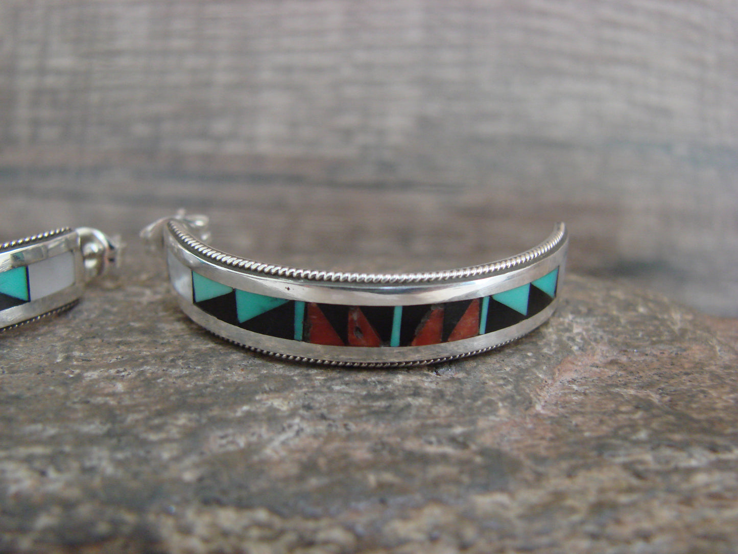 Native American Sterling Silver Multi Stone Inlay Half Hoop Post Earrings by Weahkee