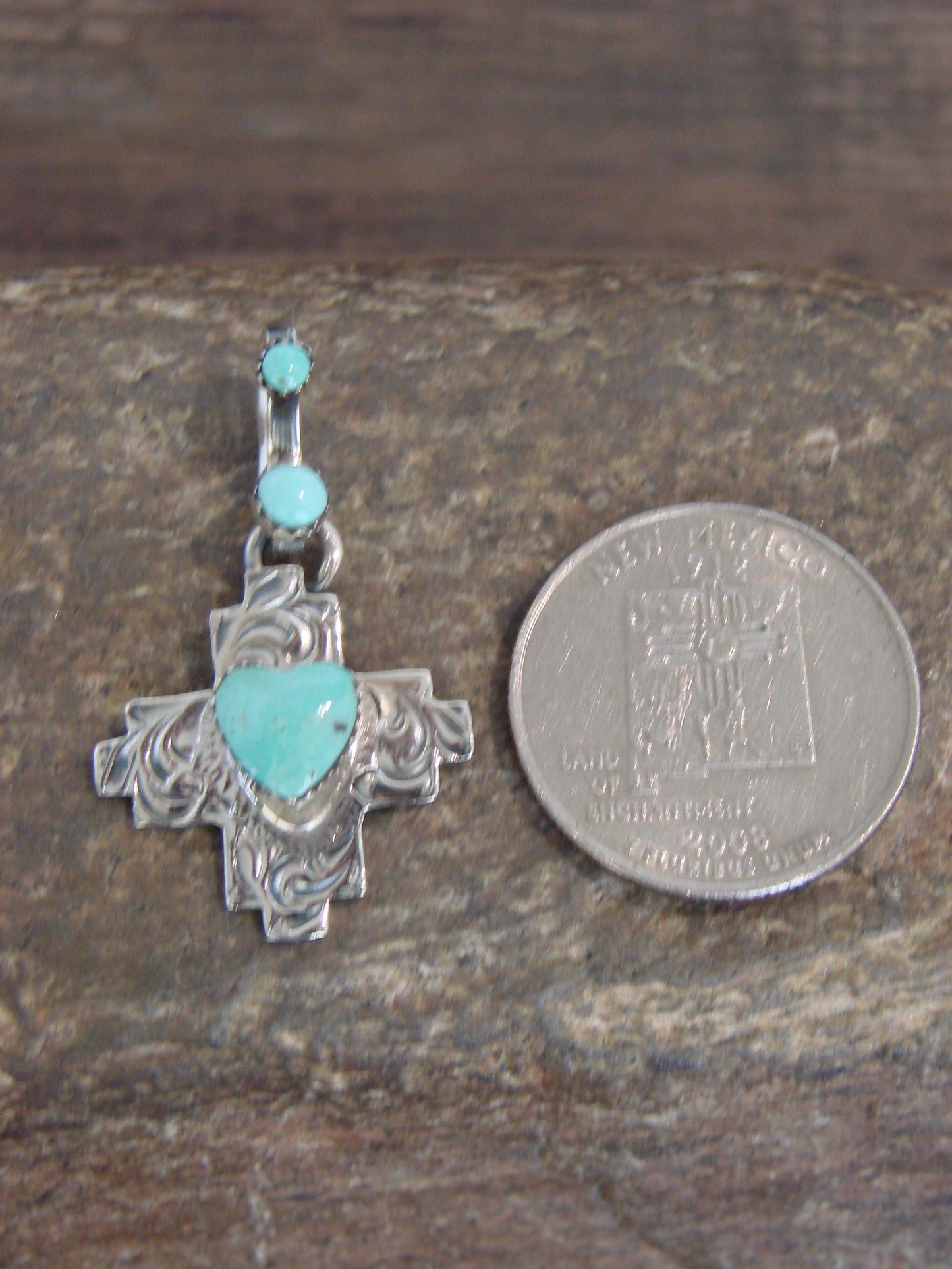 Native American Sterling Silver & Turquoise Heart Zia Pendant by Lee
