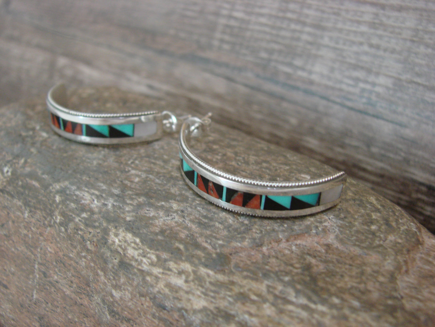 Native American Sterling Silver Multi Stone Inlay Half Hoop Post Earrings by Weahkee