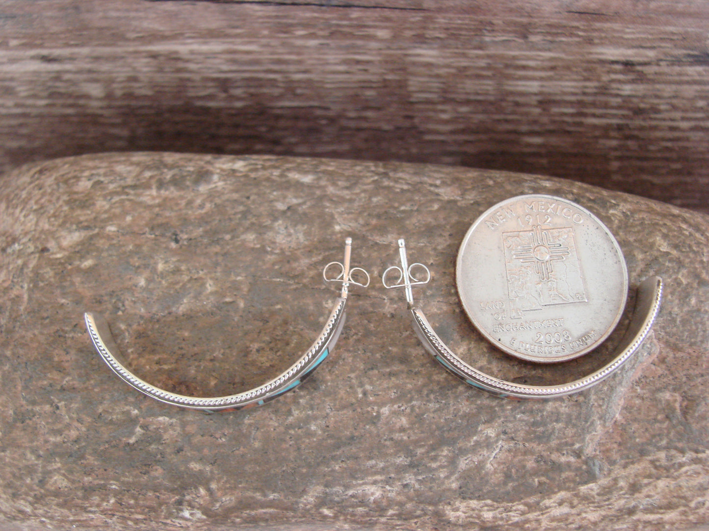 Native American Sterling Silver Multi Stone Inlay Half Hoop Post Earrings by Weahkee