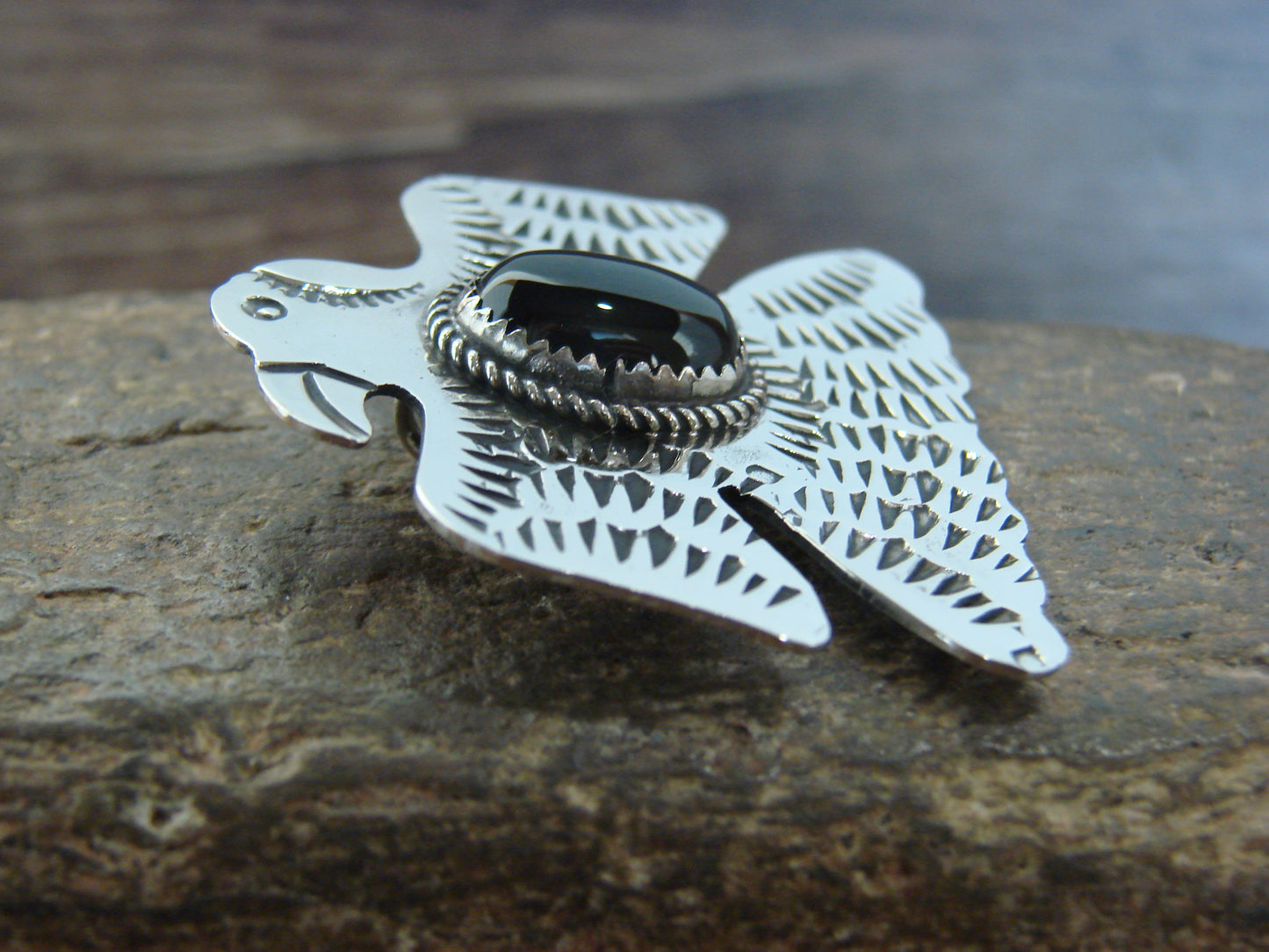 Native American Nickel Silver & Onyx Eagle Pendant - Cleveland