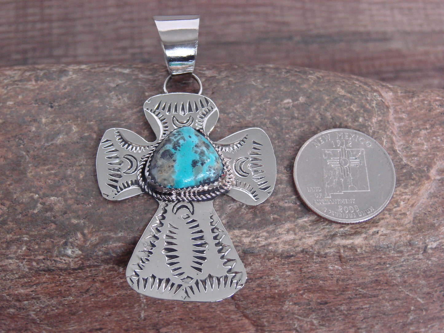 Native American Nickel Silver & Turquoise Cross Pendant - Cleveland