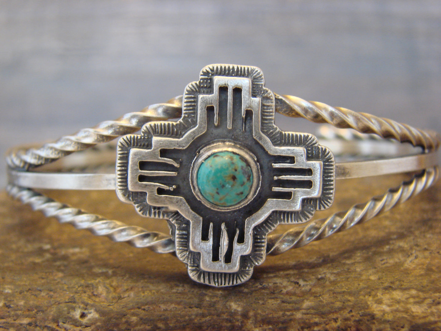 Native American Sterling Silver & Turquoise Zia Bracelet by Gordon