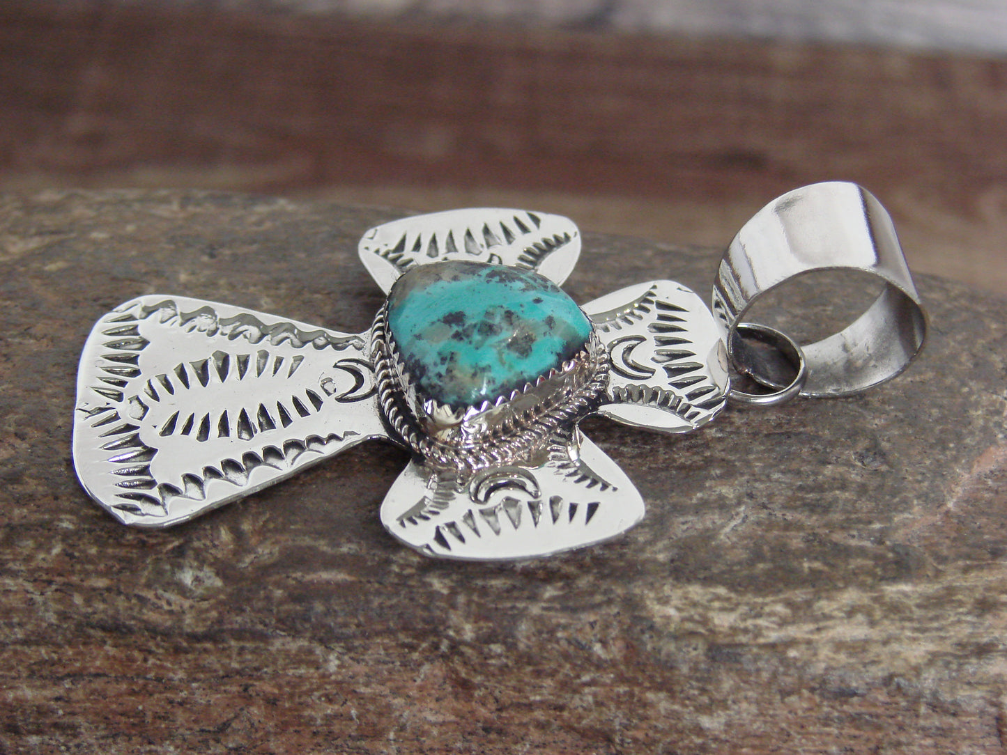 Native American Nickel Silver & Turquoise Cross Pendant - Cleveland