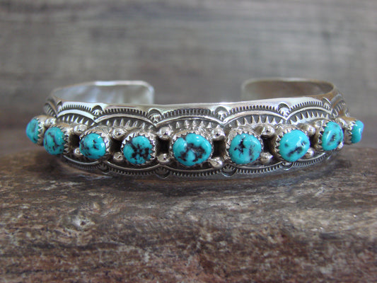 Native American Sterling Silver & Turquoise Row Bracelet Signed GS