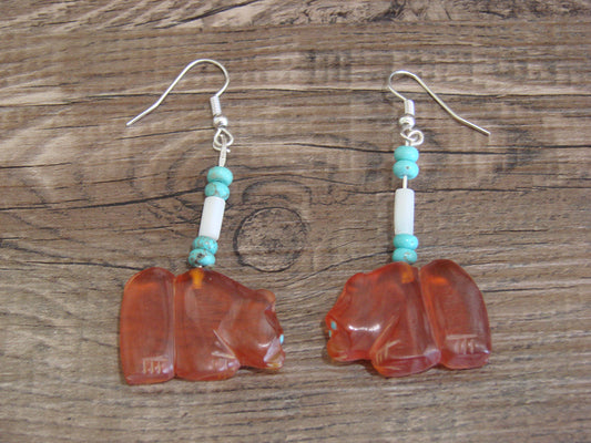 Native American Hand Carved Bear Fetish Dangle Earrings - Laate