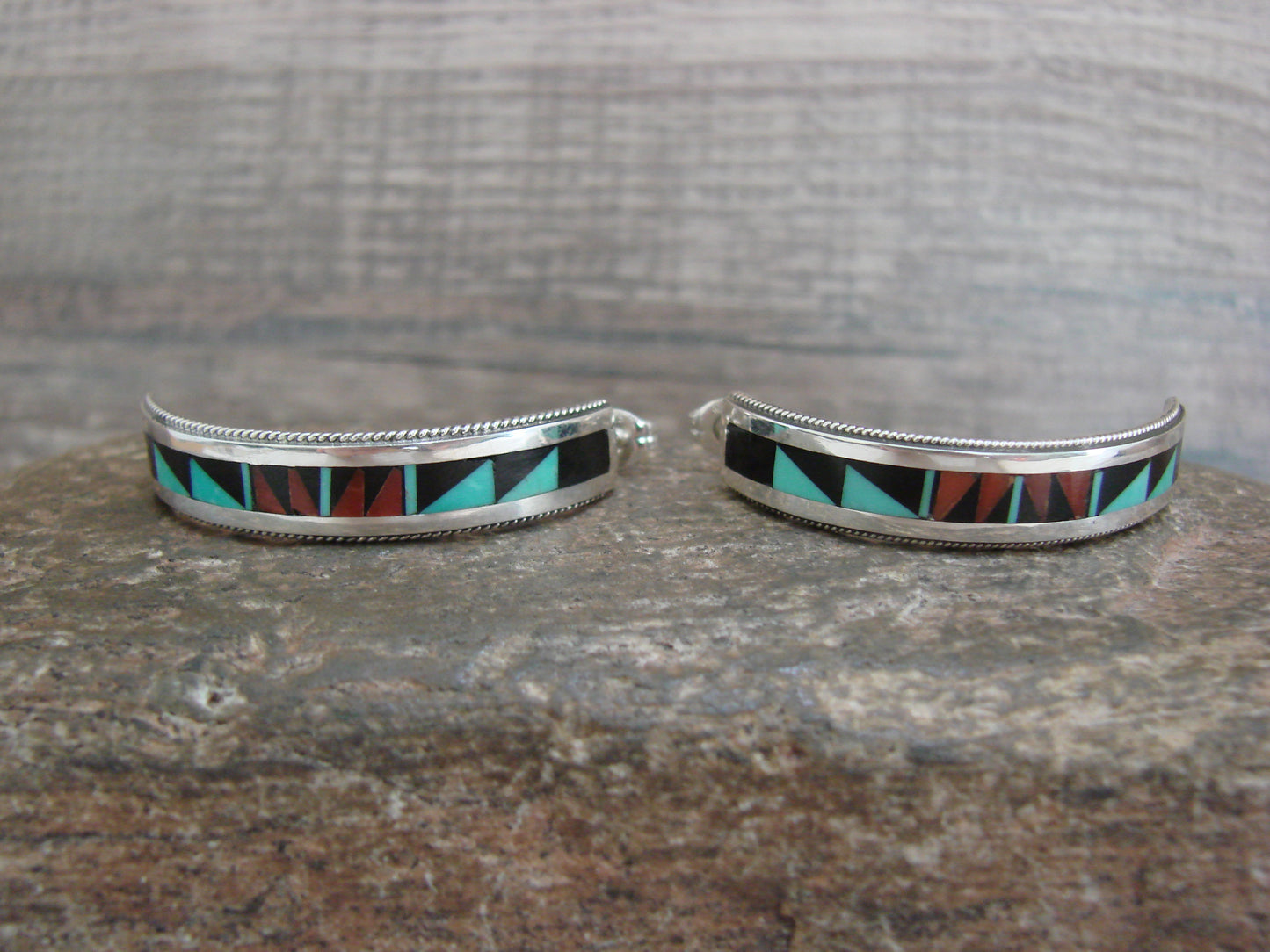 Native American Sterling Silver Multi Stone Inlay Half Hoop Post Earrings by Weahkee