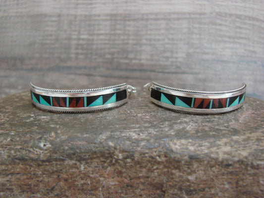 Native American Sterling Silver Multi Stone Inlay Half Hoop Post Earrings by Weahkee