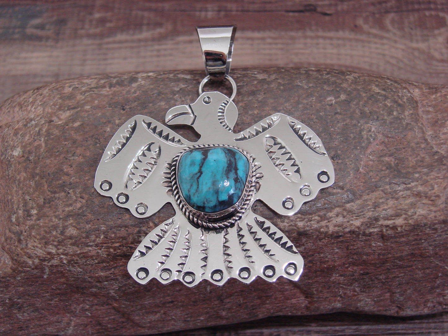 Native American Nickel Silver & Turquoise Thunderbird Pendant - Cleveland