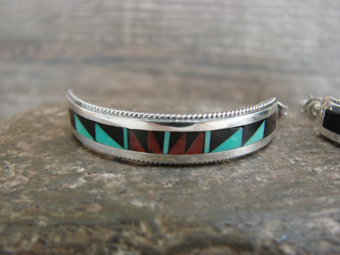Native American Sterling Silver Multi Stone Inlay Half Hoop Post Earrings by Weahkee