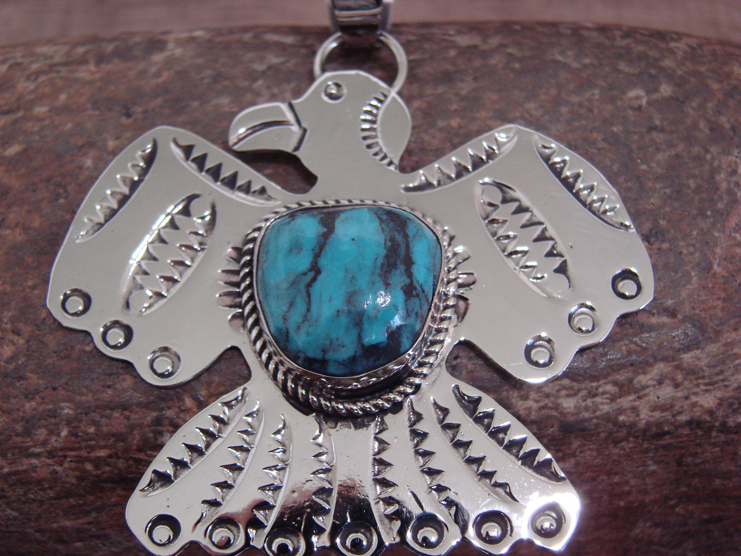 Native American Nickel Silver & Turquoise Thunderbird Pendant - Cleveland