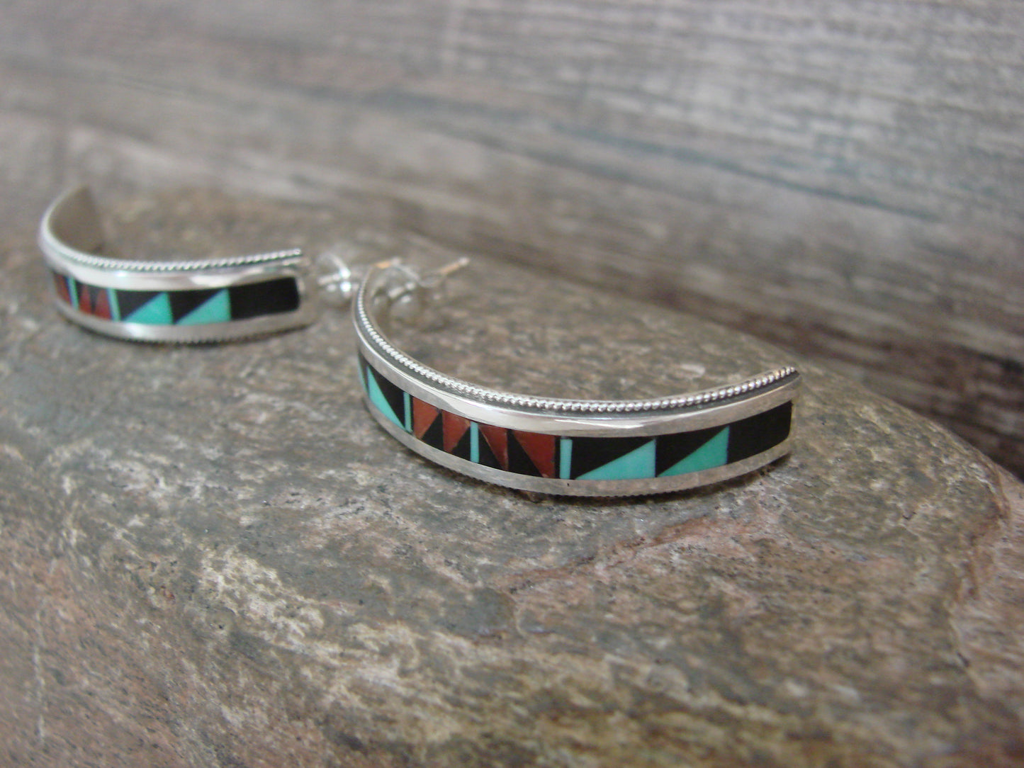 Native American Sterling Silver Multi Stone Inlay Half Hoop Post Earrings by Weahkee