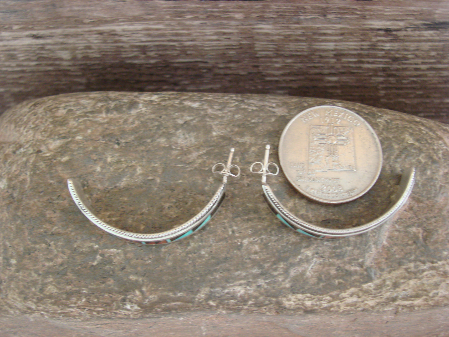 Native American Sterling Silver Multi Stone Inlay Half Hoop Post Earrings by Weahkee