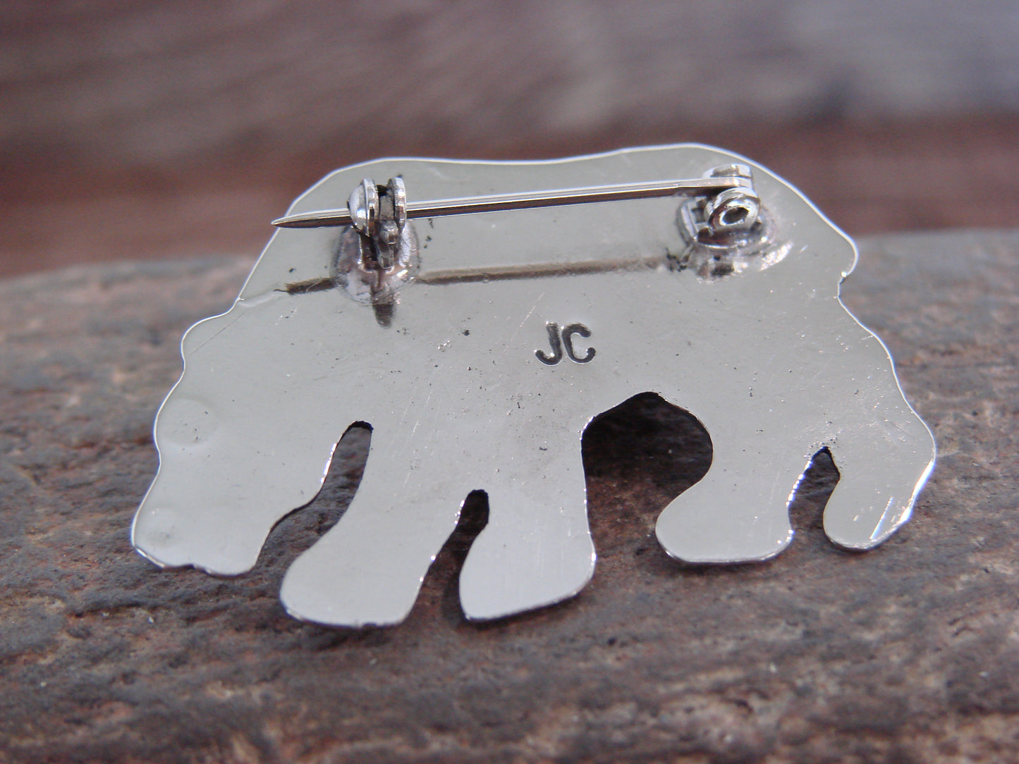 Native American Nickel Silver & Coral Bear Pin - Cleveland