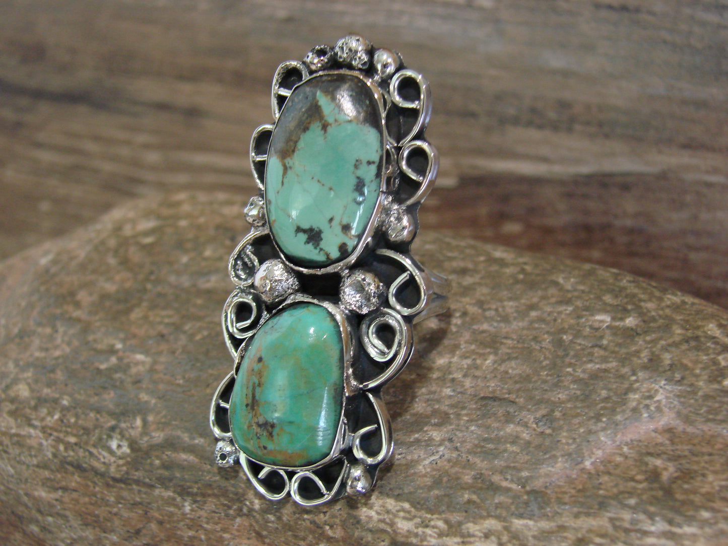 Native American Nickel Silver & Turquoise Ring by Cleveland - Size 10.5