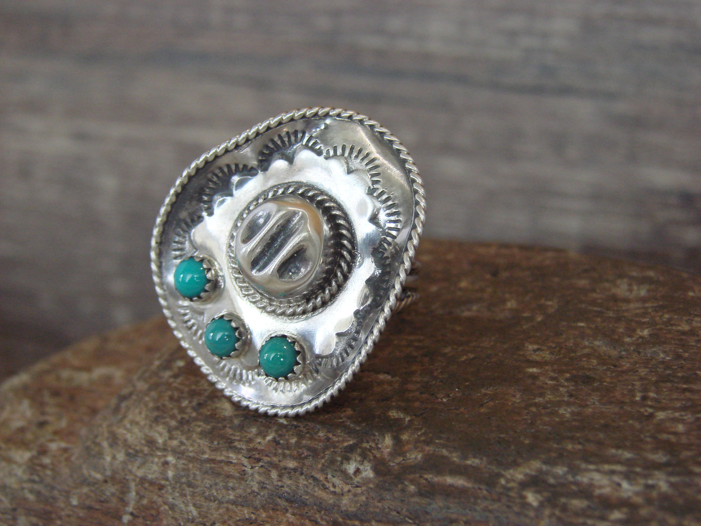 Native American Sterling Silver & Turquoise Cowgirl Hat Ring - Size 5 - Platero