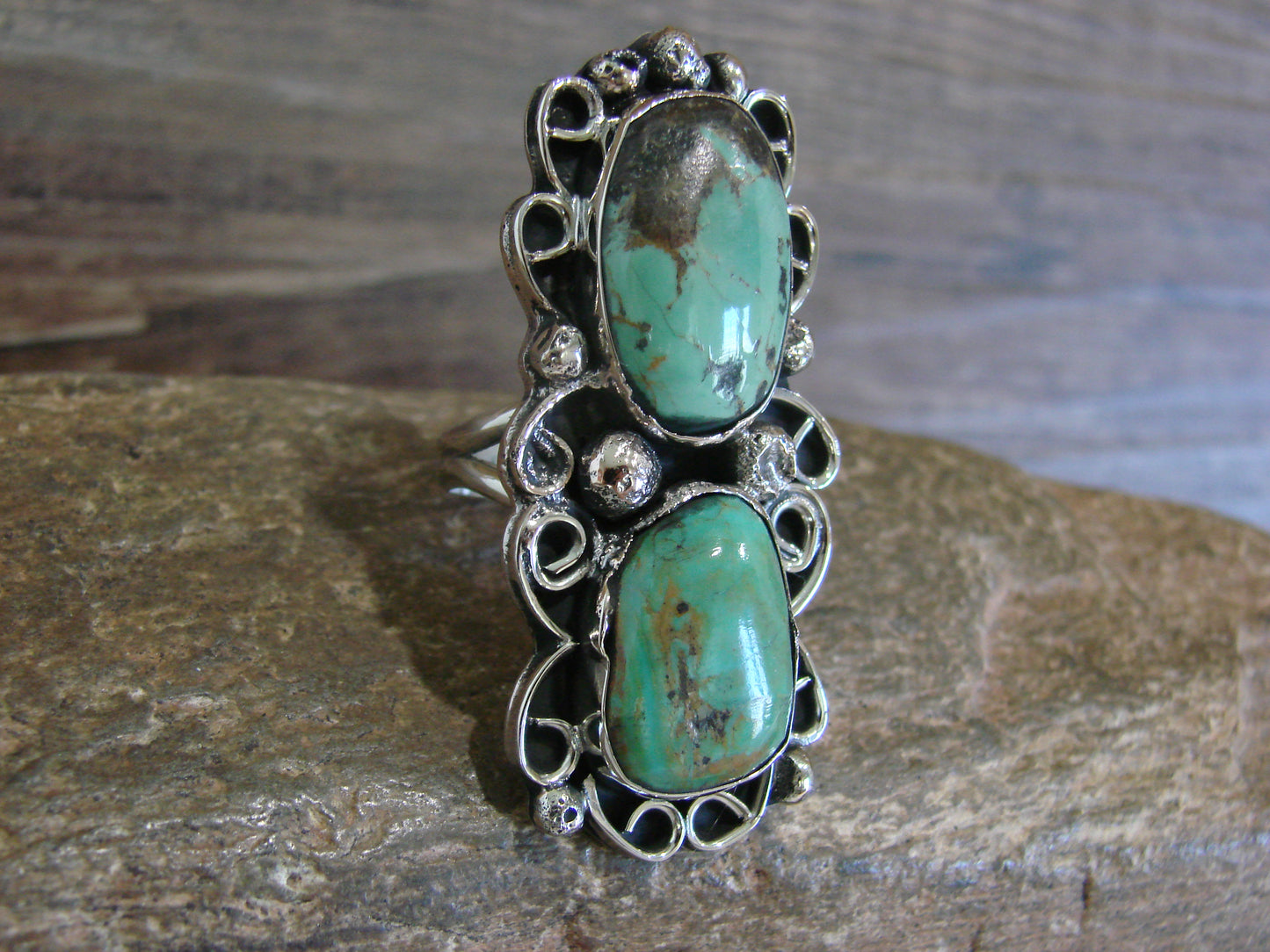 Native American Nickel Silver & Turquoise Ring by Cleveland - Size 10.5