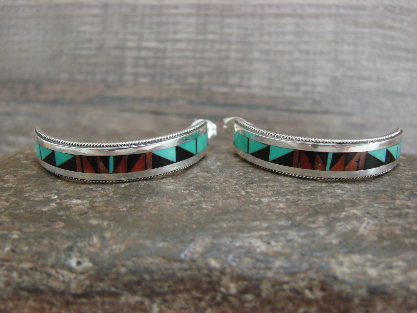 Native American Sterling Silver Multi Stone Inlay Half Hoop Post Earrings by Weahkee