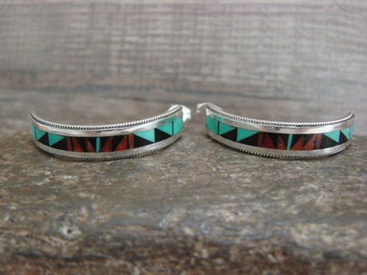 Native American Sterling Silver Multi Stone Inlay Half Hoop Post Earrings by Weahkee