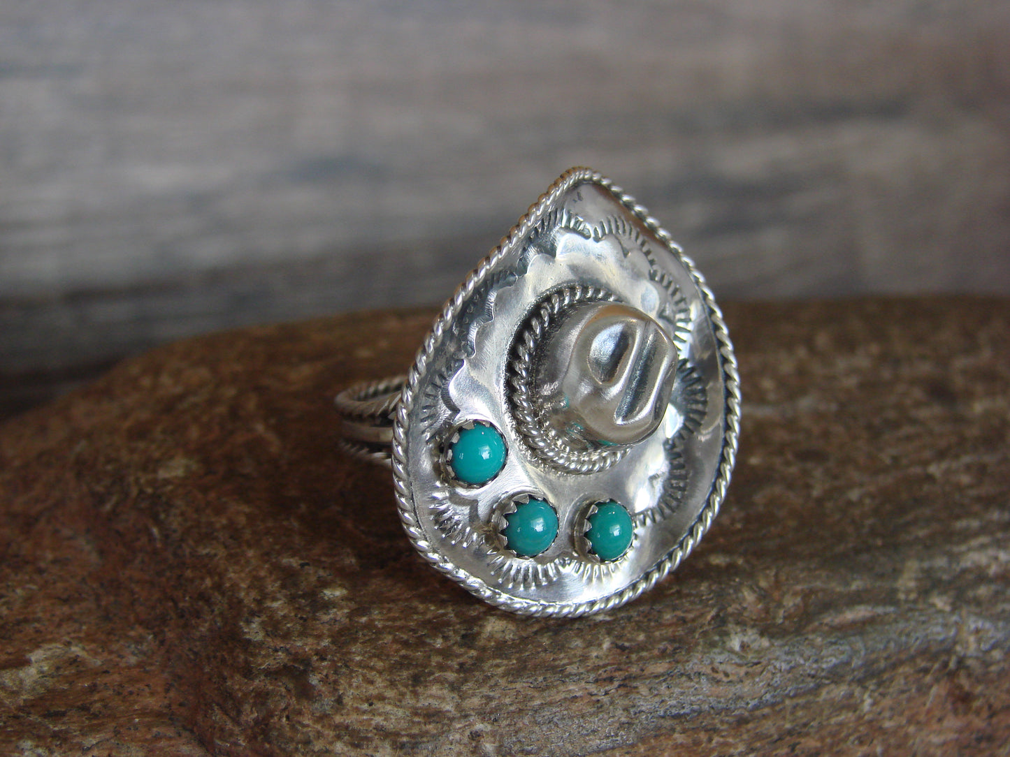 Native American Sterling Silver & Turquoise Cowgirl Hat Ring - Size 5 - Platero