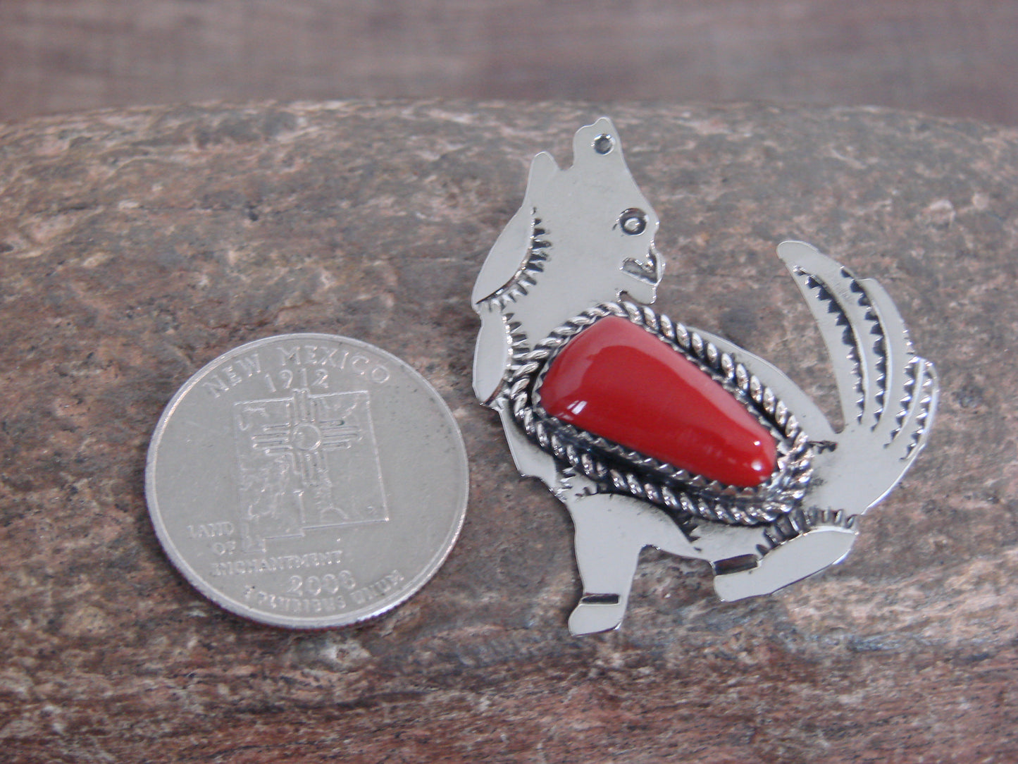 Native American Nickel Silver & Coral Coyote Pin - Cleveland