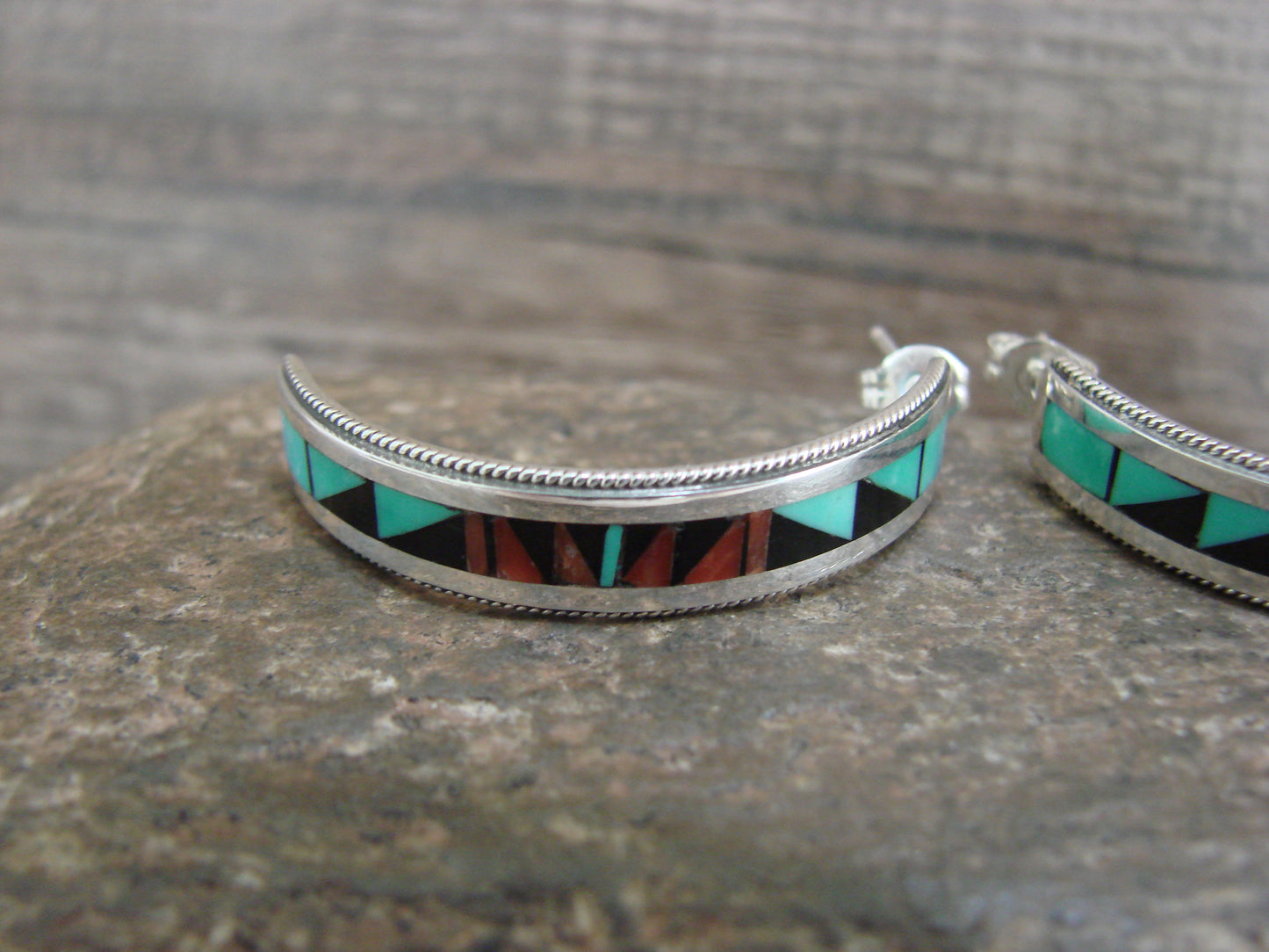 Native American Sterling Silver Multi Stone Inlay Half Hoop Post Earrings by Weahkee