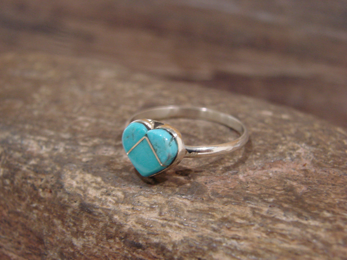 Native American Sterling Silver & Turquoise Inlay Heart Ring Size 6 - Chavez