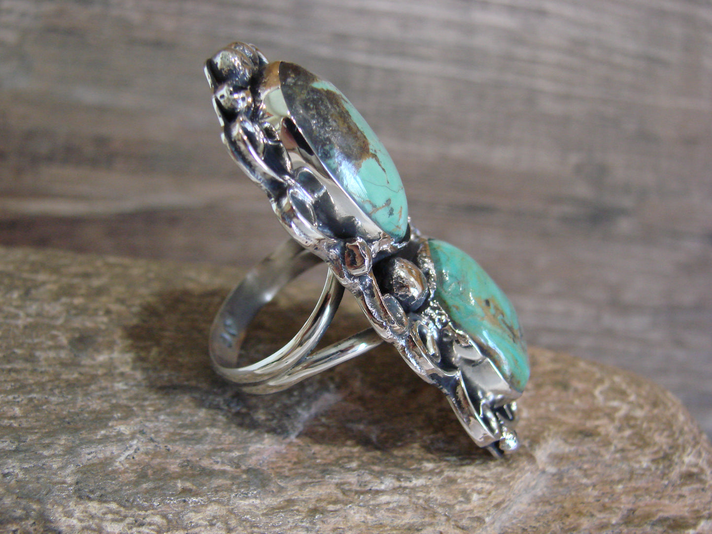 Native American Nickel Silver & Turquoise Ring by Cleveland - Size 10.5