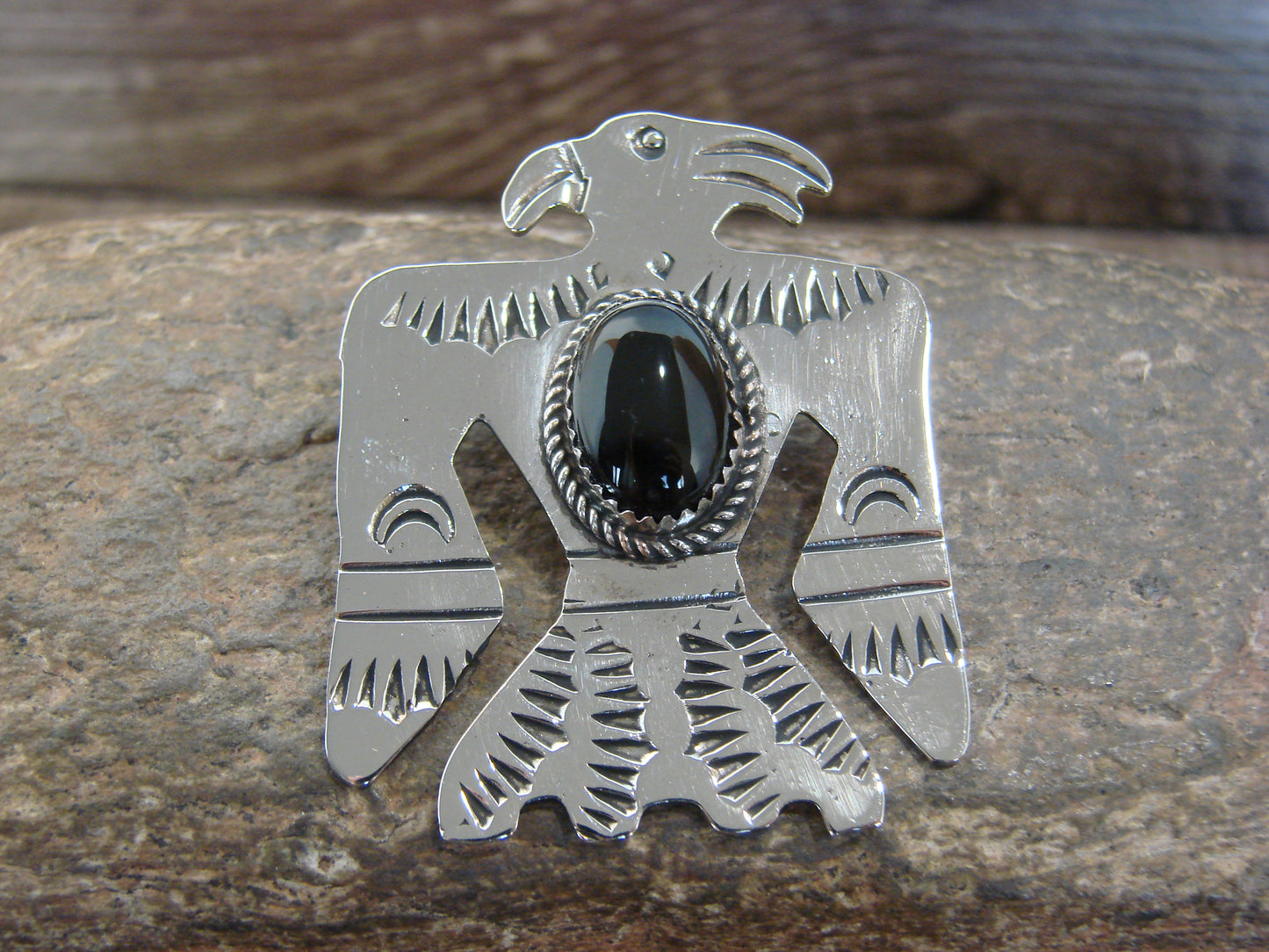 Native American Nickel Silver & Onyx Parrot Pendant - Cleveland