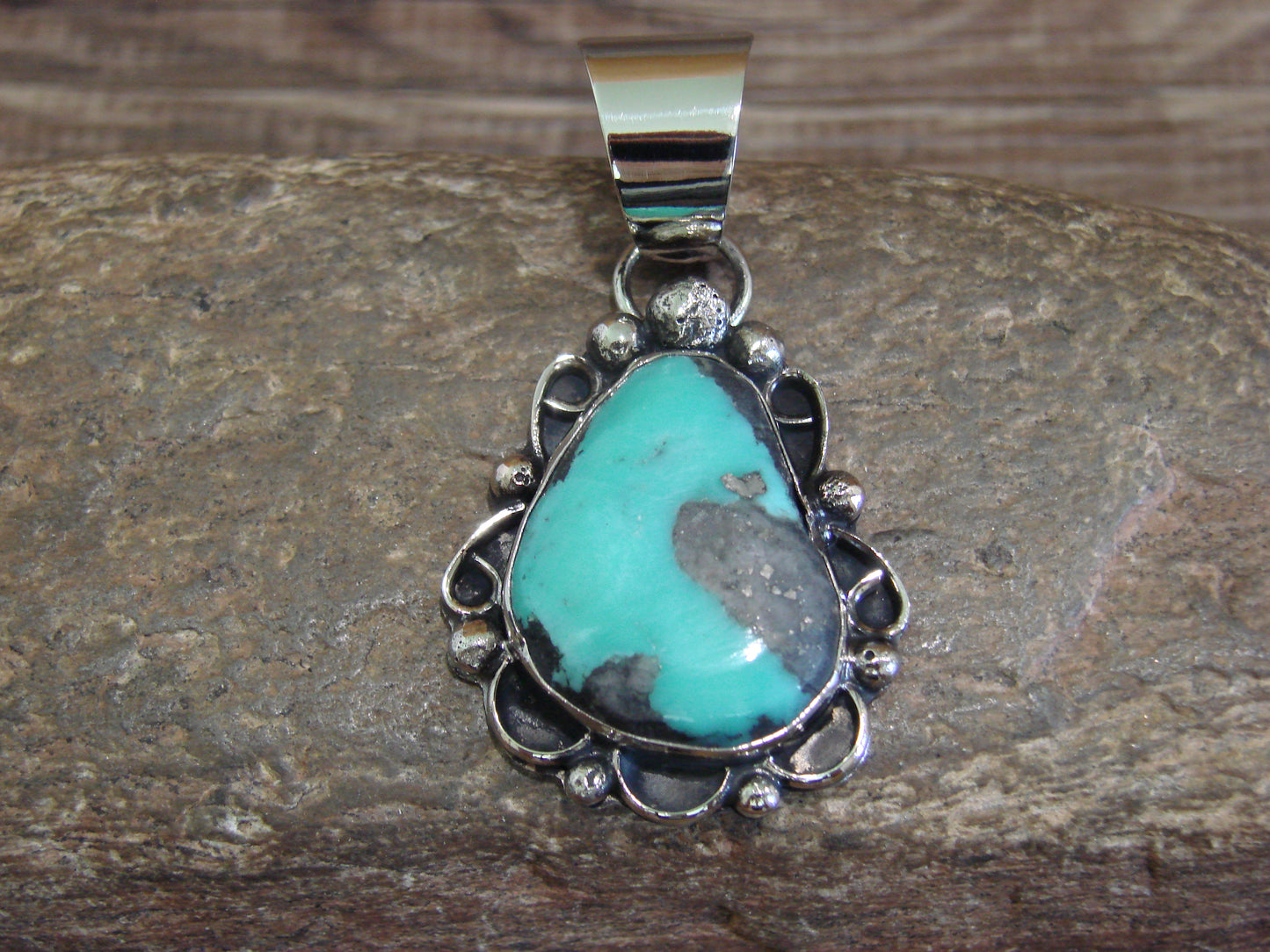 Native American Navajo Nickel Silver & Turquoise Pendant - Cleveland