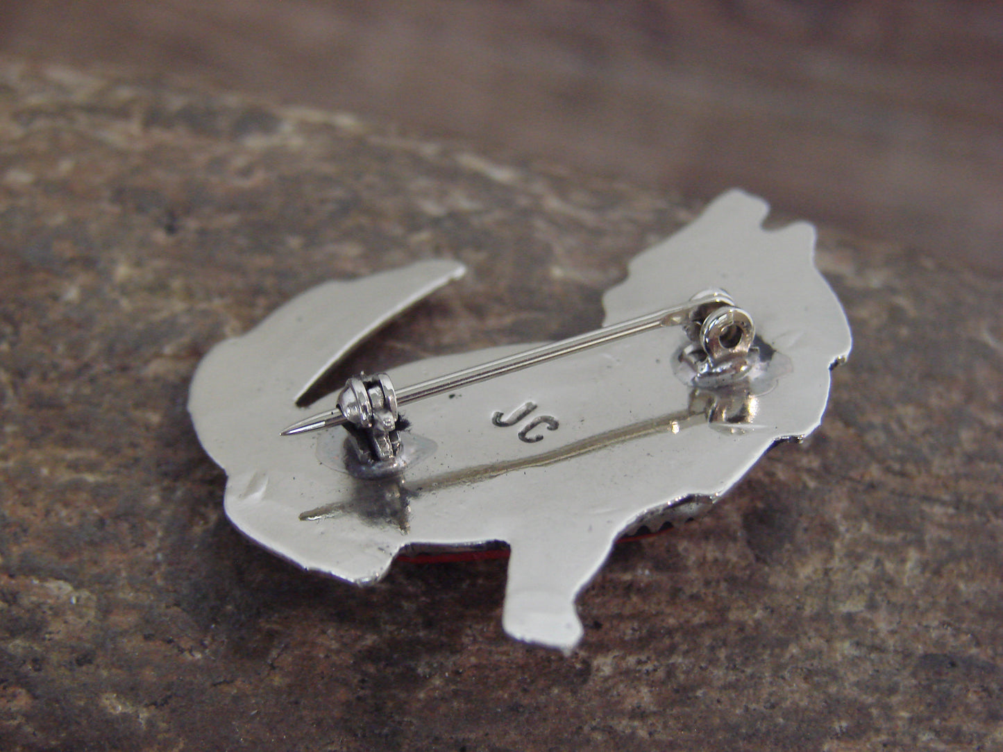 Native American Nickel Silver & Coral Coyote Pin - Cleveland