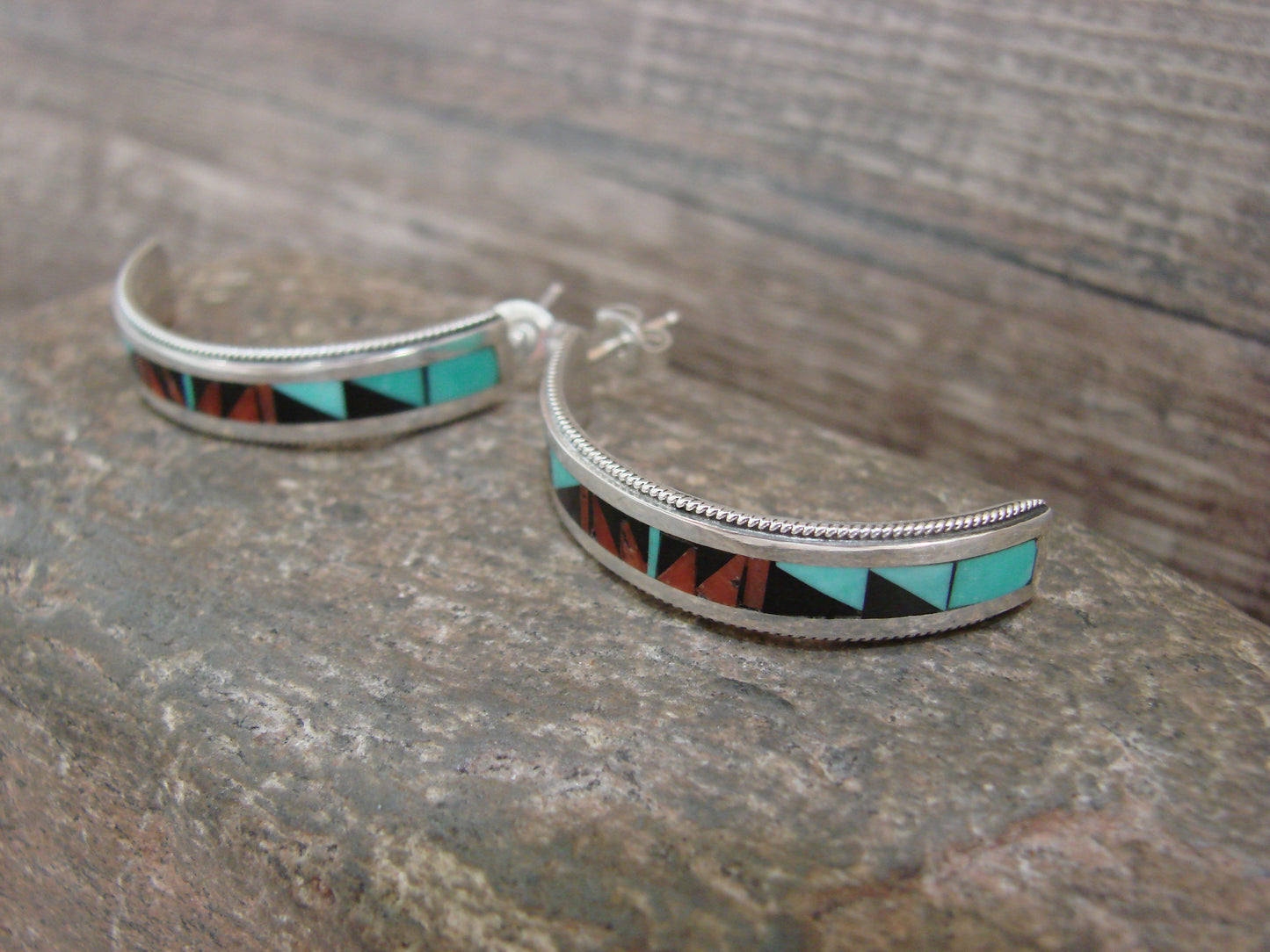 Native American Sterling Silver Multi Stone Inlay Half Hoop Post Earrings by Weahkee