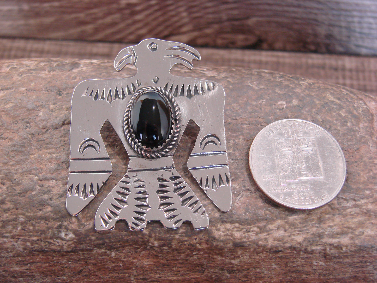 Native American Nickel Silver & Onyx Parrot Pendant - Cleveland