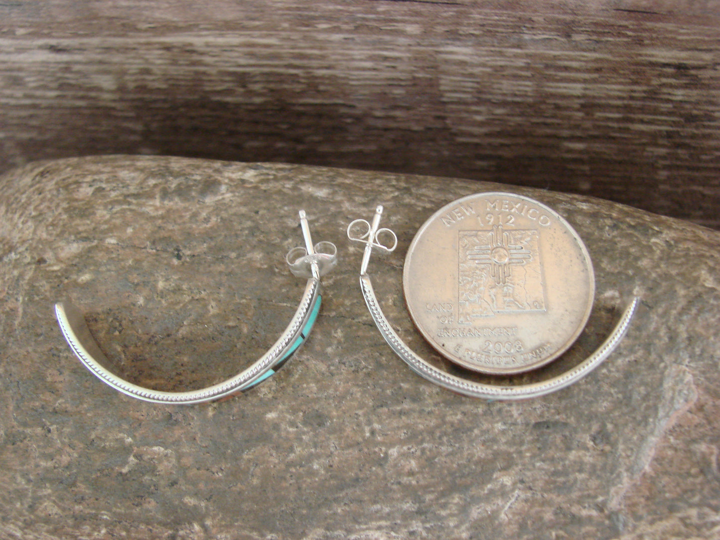 Native American Sterling Silver Multi Stone Inlay Half Hoop Post Earrings by Weahkee