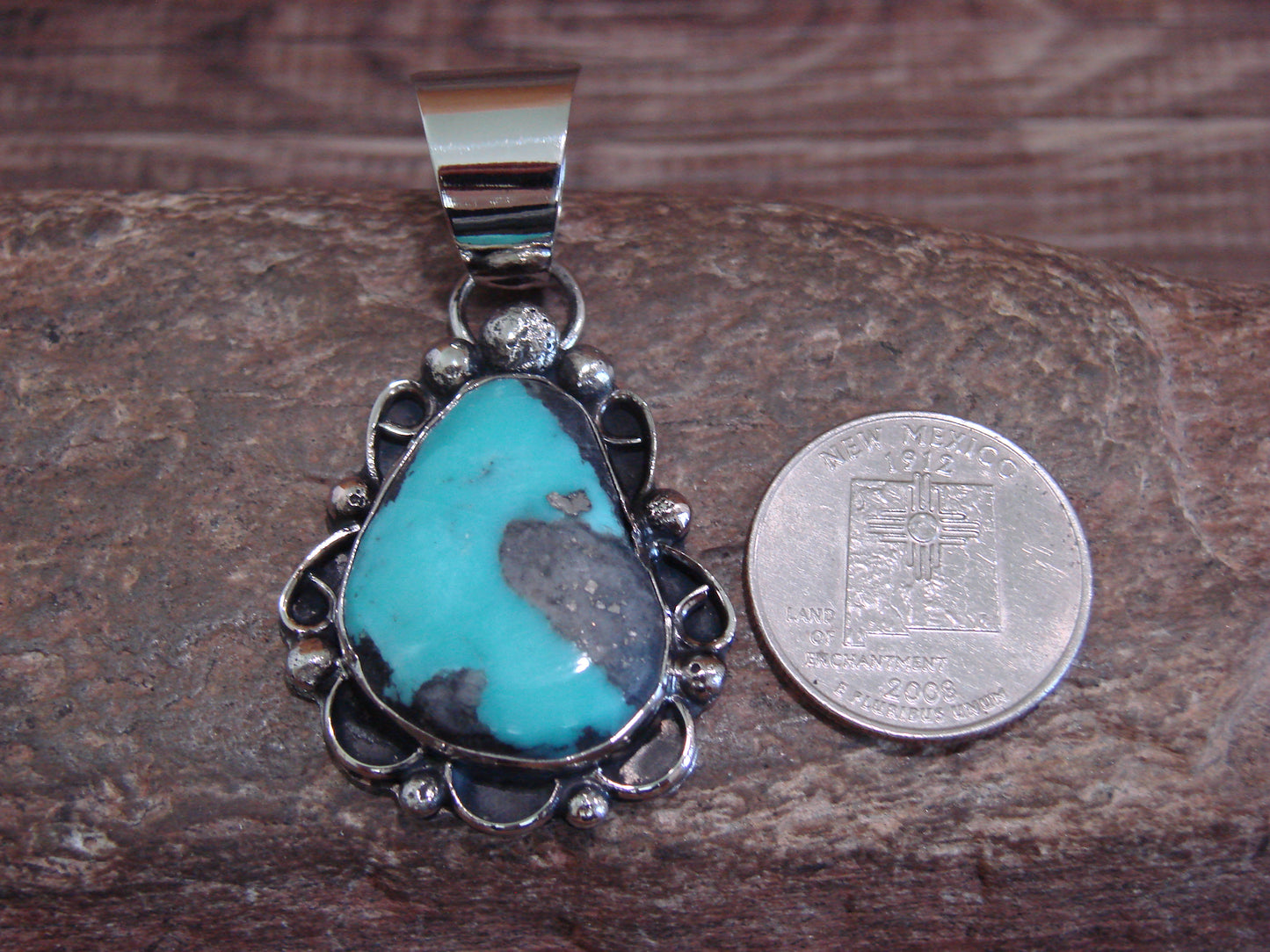 Native American Navajo Nickel Silver & Turquoise Pendant - Cleveland