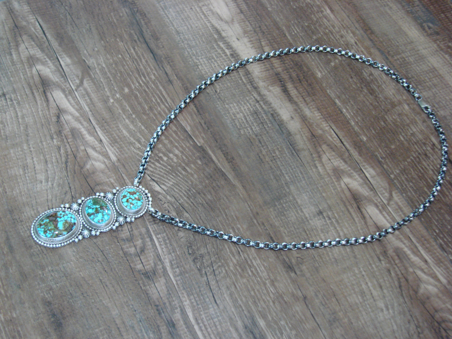 Native American 24" Sterling Silver & Kingman Turquoise Link Necklace - Lewis