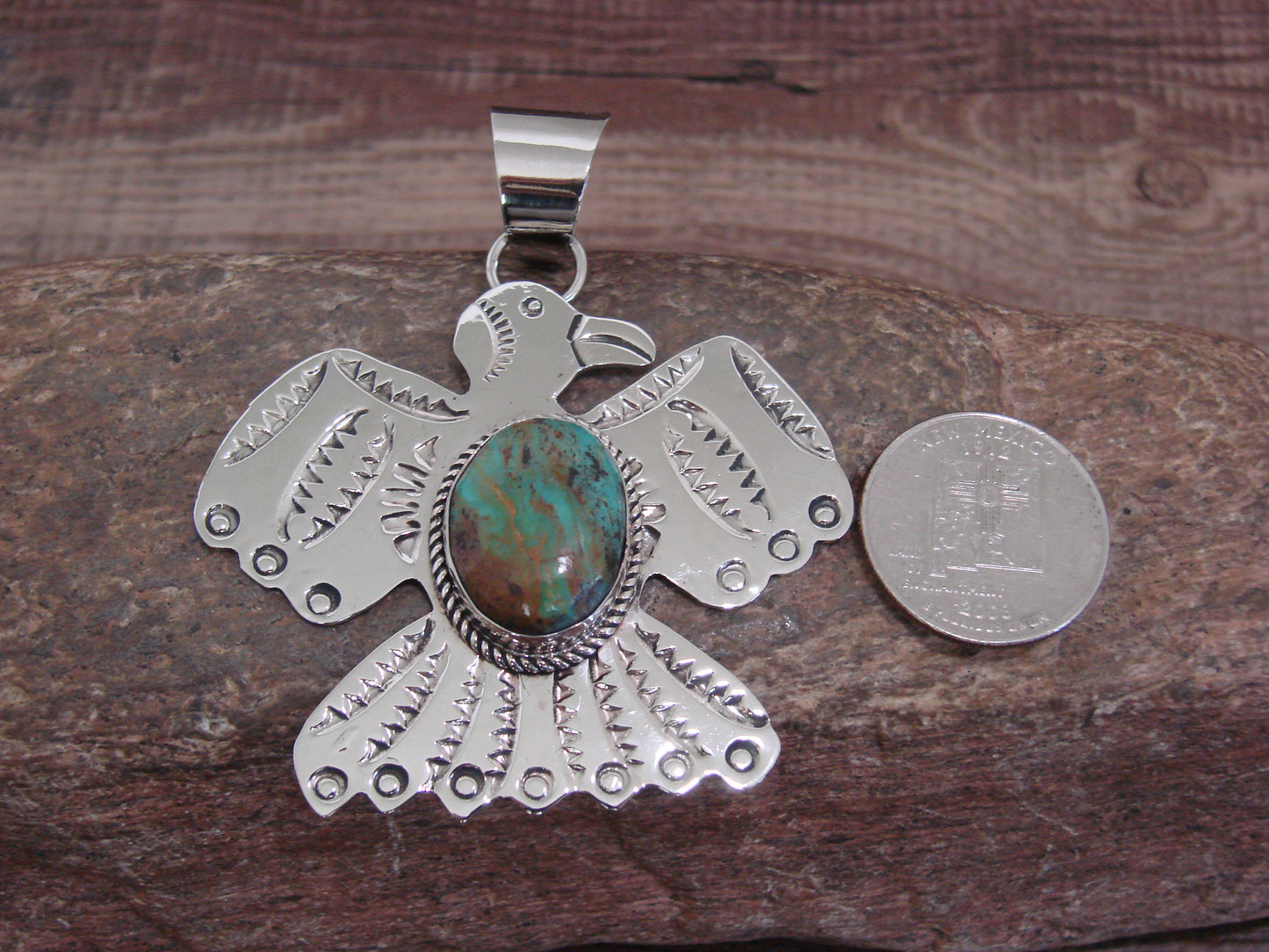 Native American Nickel Silver & Turquoise Thunderbird Pendant - Cleveland