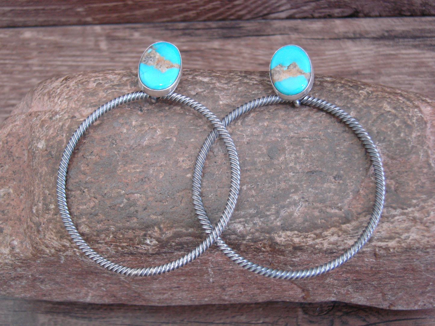 Native American Sterling Silver & Turquoise Hoop Post Earrings - Betone