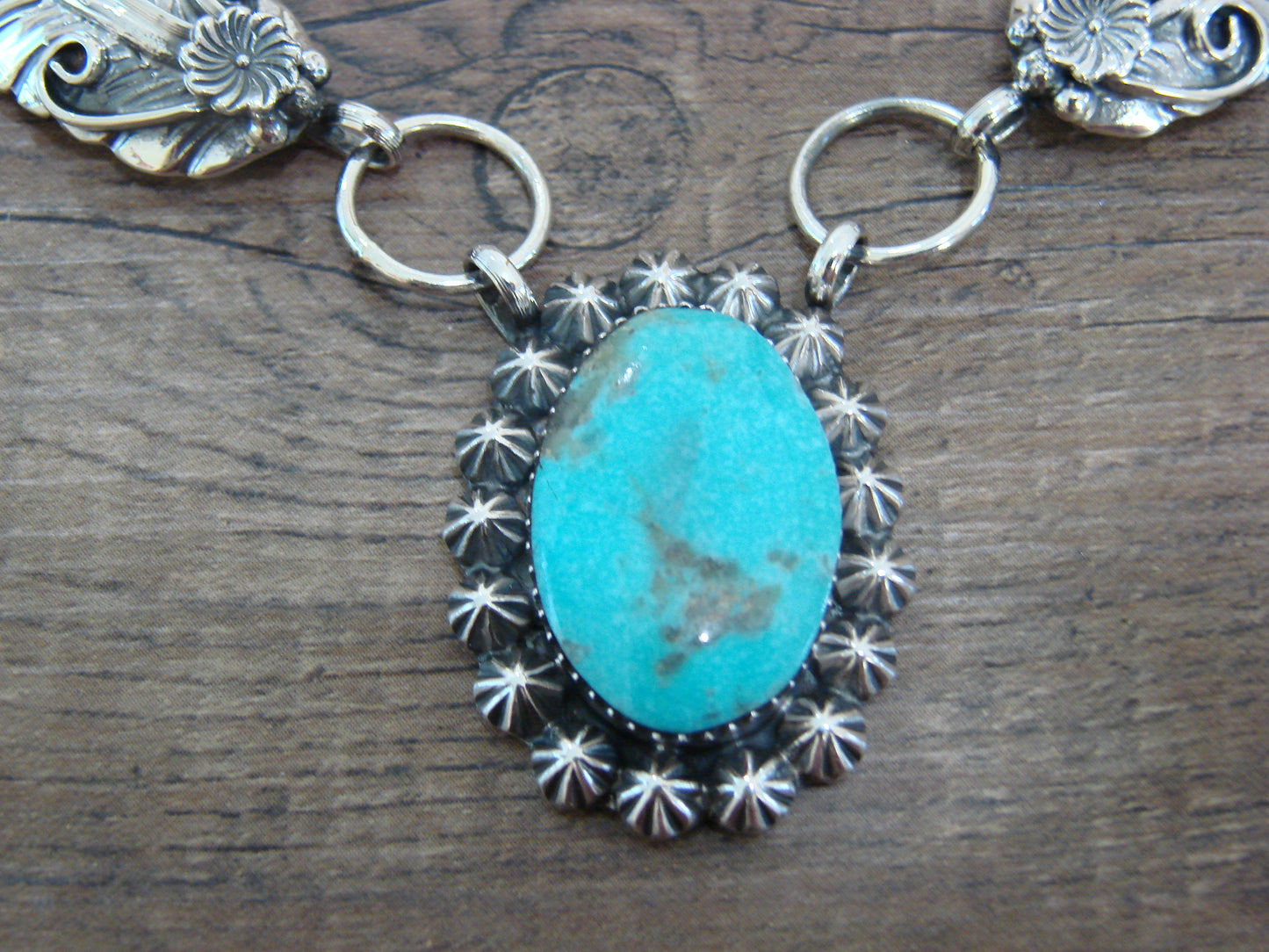 Native American Sterling Silver & Turquoise Adjustable Link Necklace by Sardo