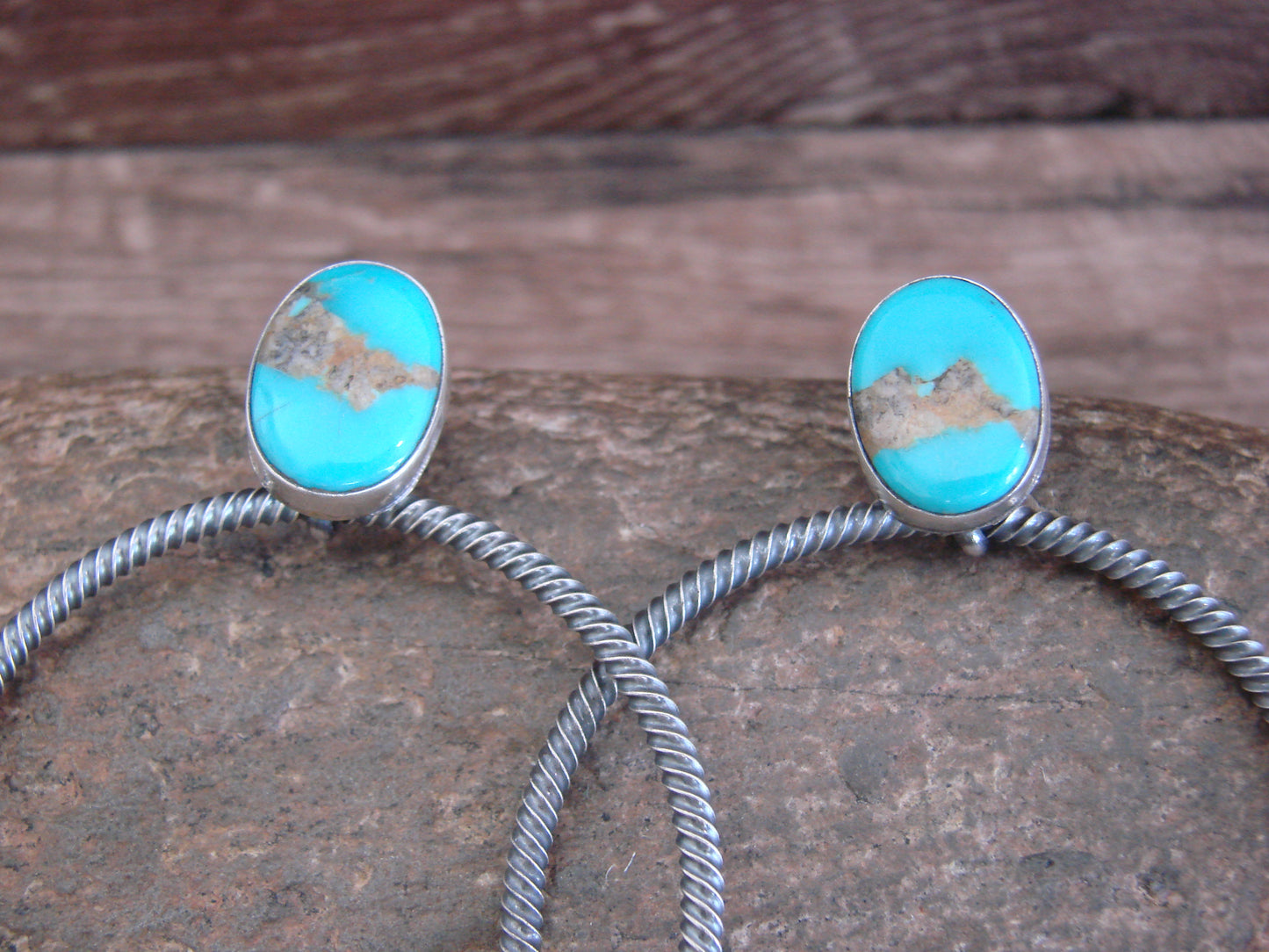 Native American Sterling Silver & Turquoise Hoop Post Earrings - Betone
