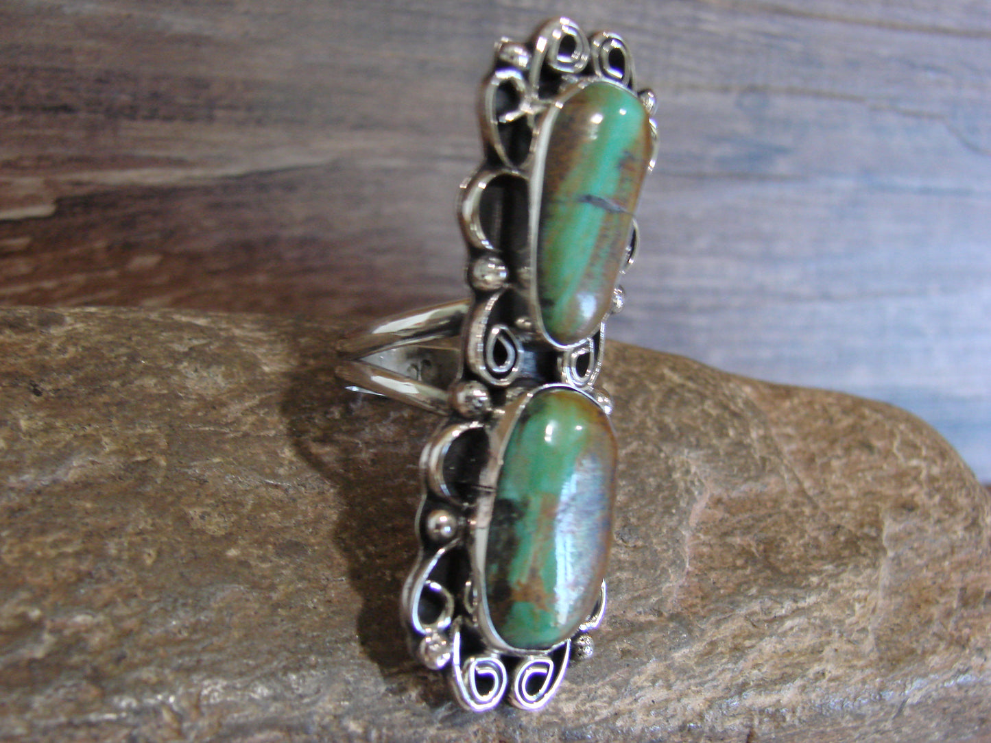 Native American Nickel Silver & Turquoise Ring by Cleveland - Size 10.5