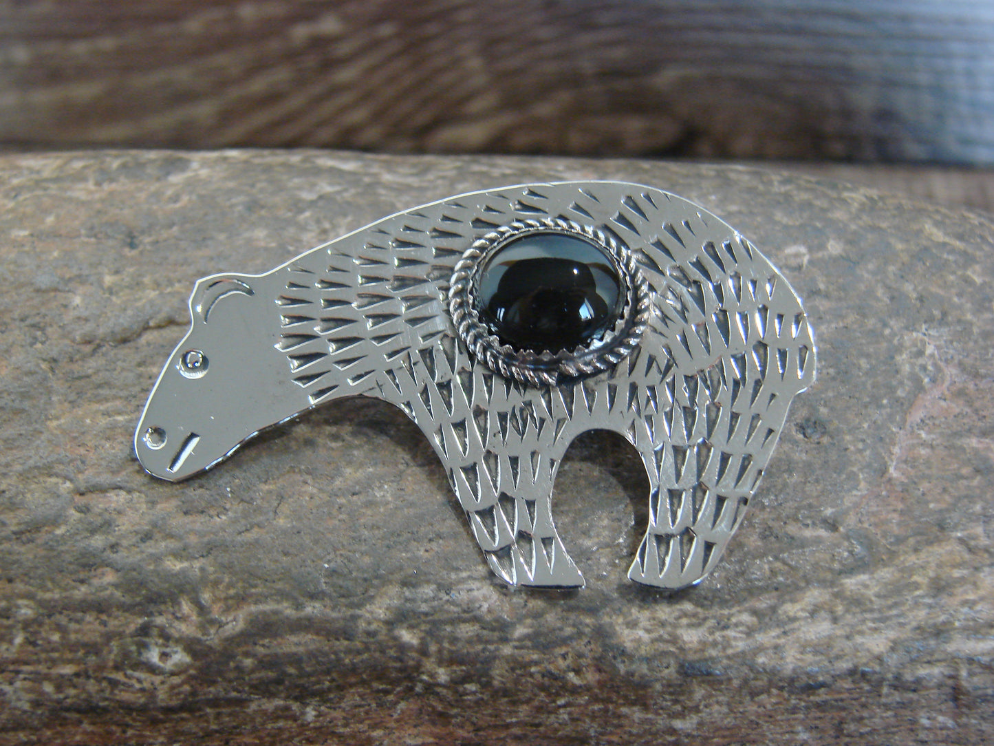 Native American Nickel Silver & Onyx Bear Pendant - Cleveland