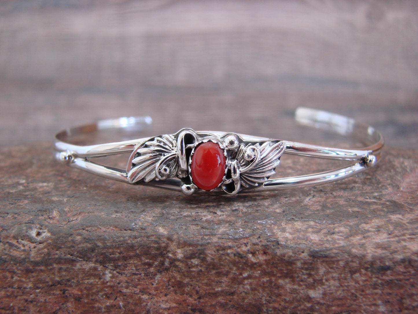 Native American Sterling Silver Coral Feather Bracelet by Largo
