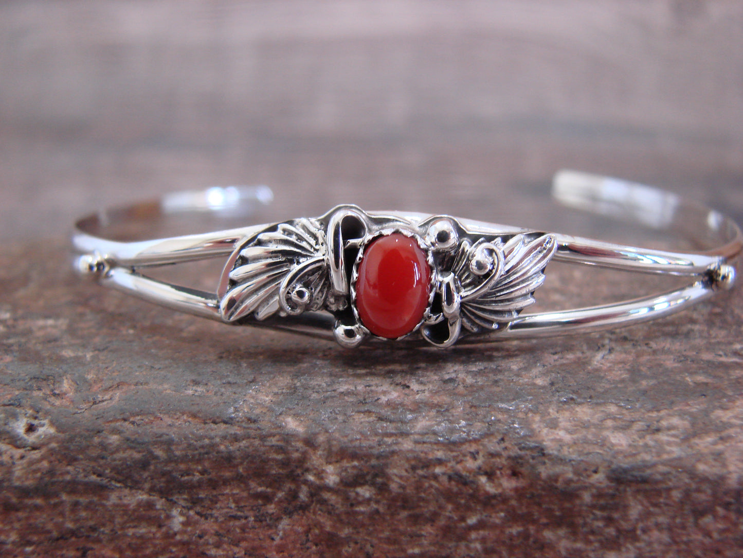 Native American Sterling Silver Coral Feather Bracelet by Largo