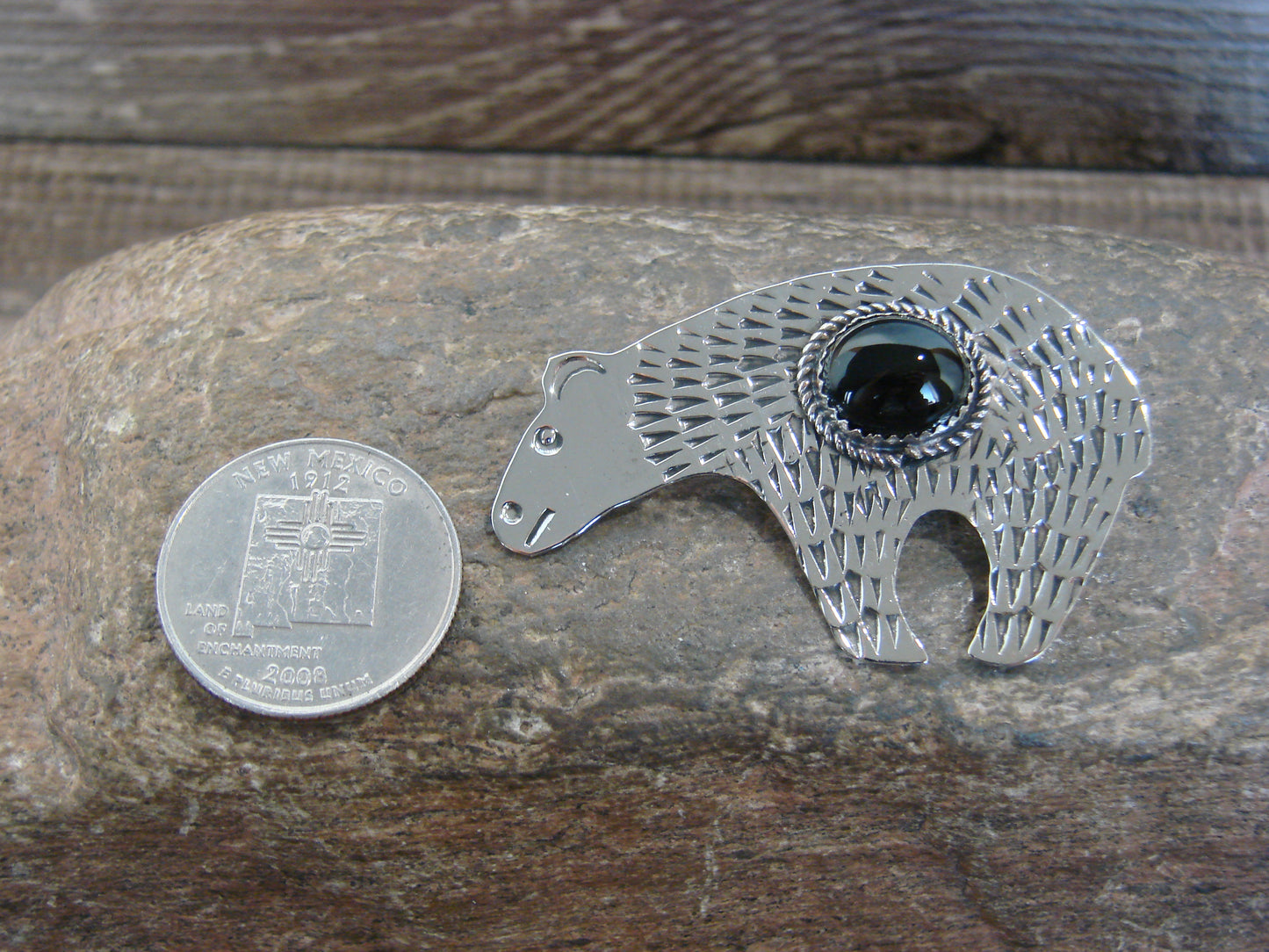Native American Nickel Silver & Onyx Bear Pendant - Cleveland