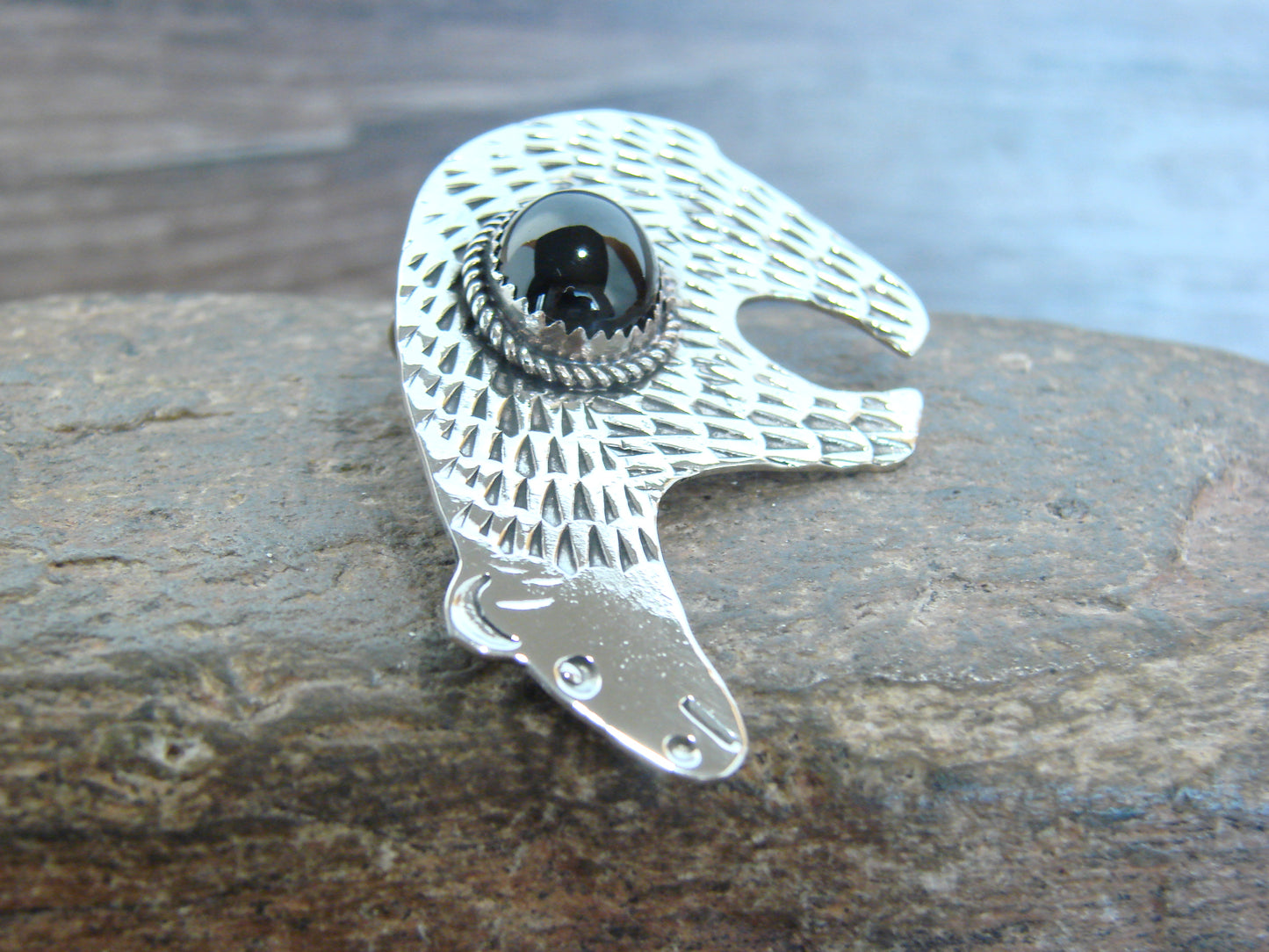 Native American Nickel Silver & Onyx Bear Pendant - Cleveland